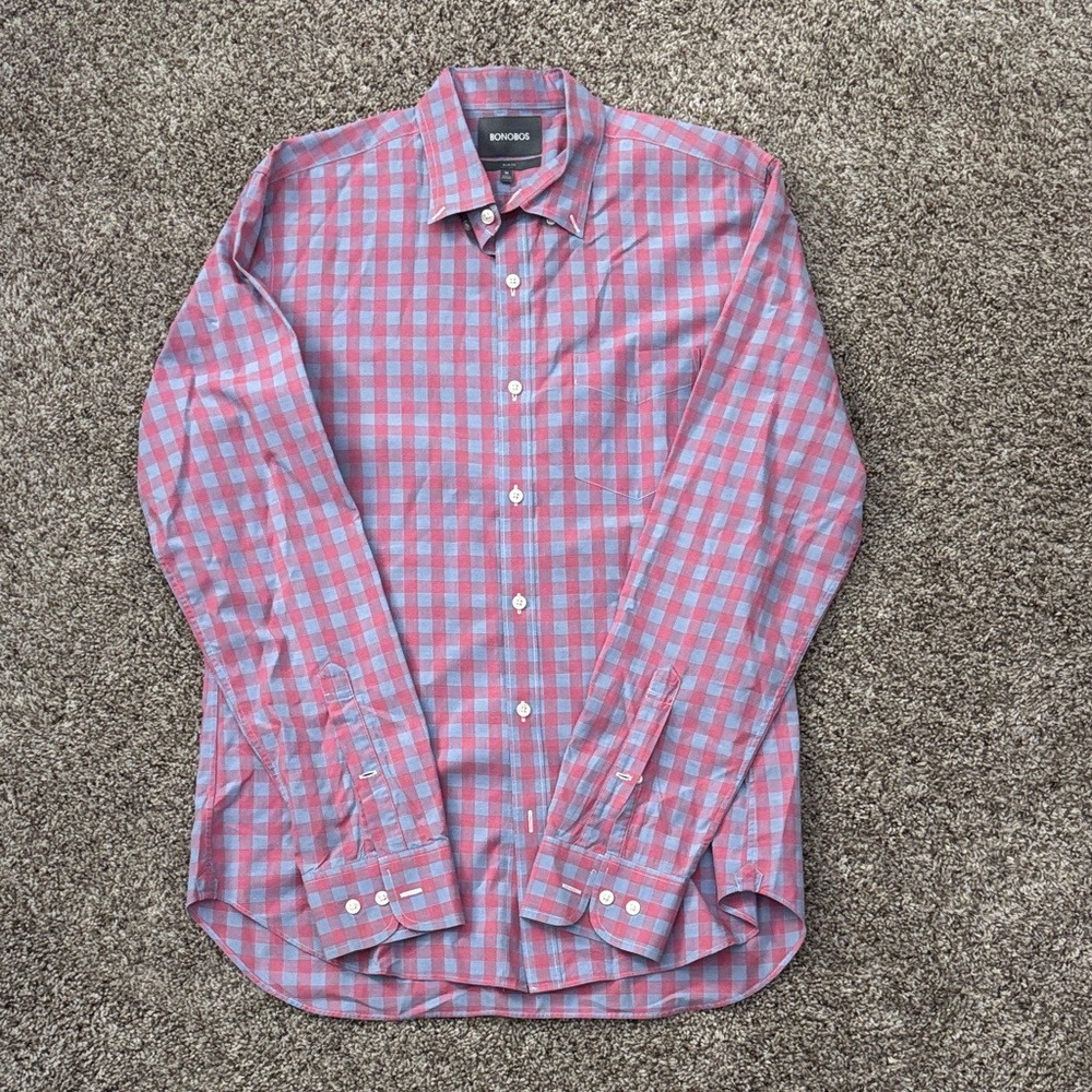 Bonobos Men's Pink and Blue Plaid Shirt